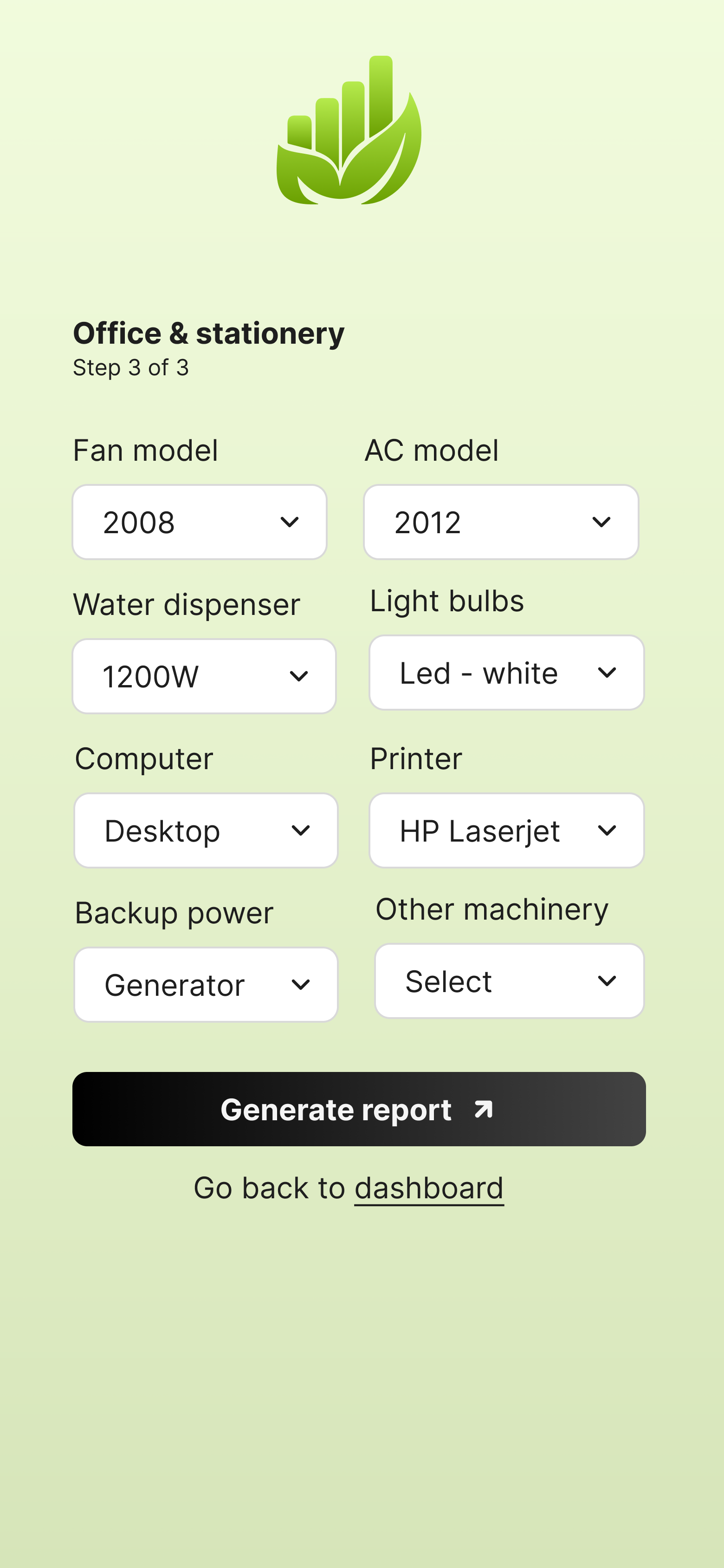 Eco Measures office and stationery data entry screen with dropdowns for fan, AC, computer and printer models